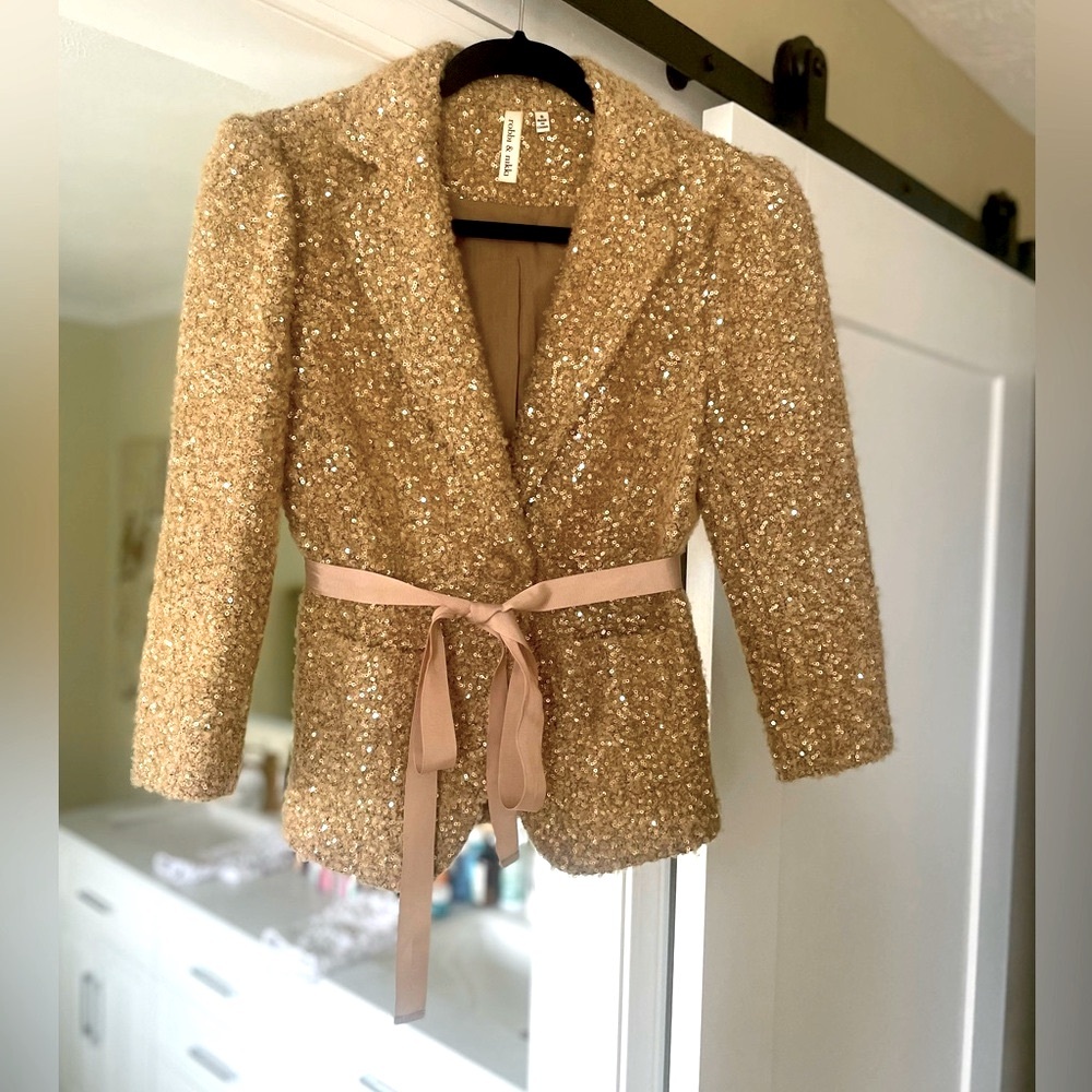 Robbi and Nikki Gold Sequin Belted Blazer